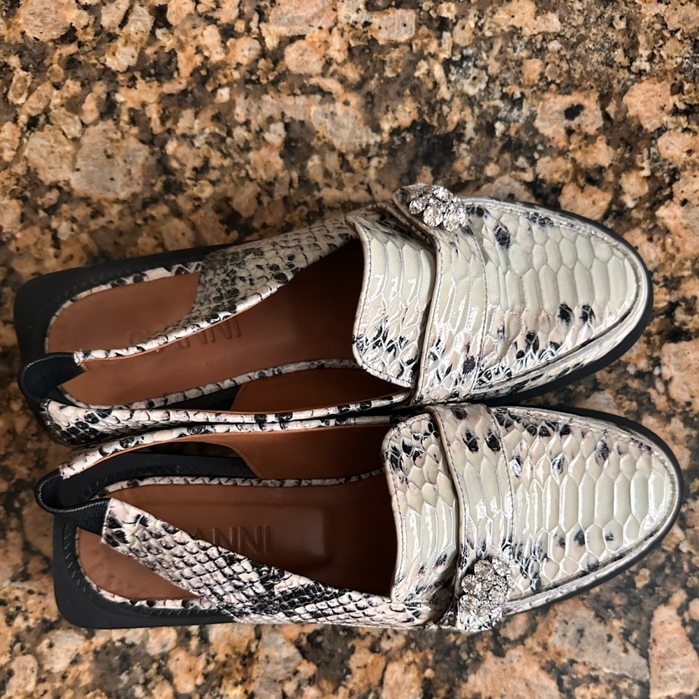 GANNI Women Crystal Embellish Snakeskin Leather Slingback Loafers - Picture 6 of 8